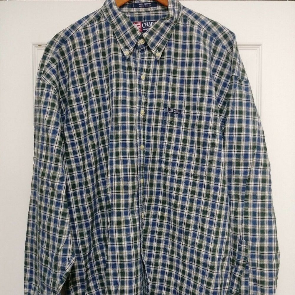 Vth Ralph Lauren Chaps XL Mens Button Up Dress Shirt‎ L/S Blue green Plaid